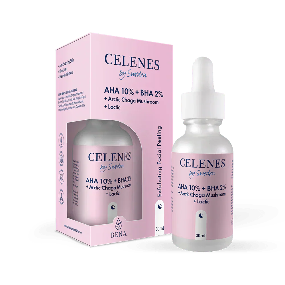 Celenes by Sweden Rena AHA 10% + BHA 2% + Arctic Chaga Mushroom + Lactic 30 ml-3 Pack