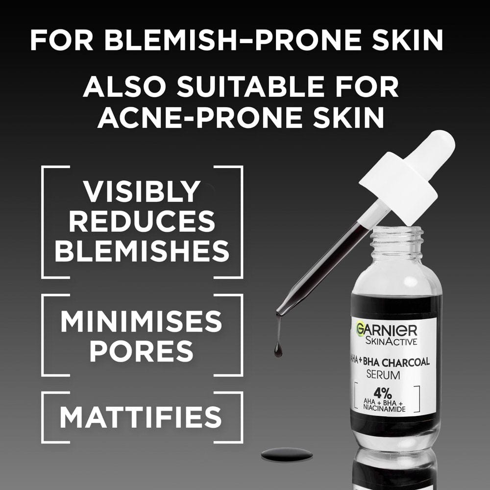 Garnier Skin Active 4% AHA + BHA & Niacinamide Charcoal Face Serum 30 ml 3 Pack