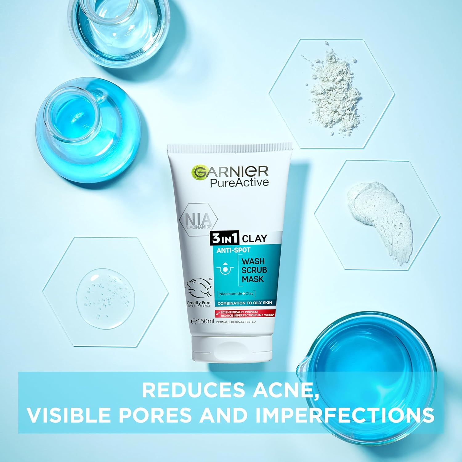 Garnier Skin Active Pure Active 3 in 1 Wash, Scrub & Mask 150 ml 3 Pack