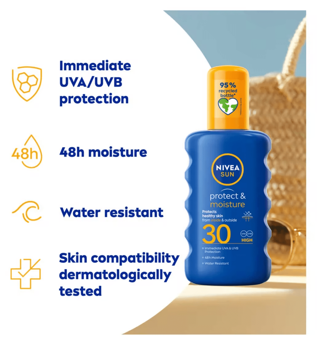 Nivea Sun Protect & Moisture Sun Cream Spray SPF30 200ml / 6.8 fl.oz - 3 Pack