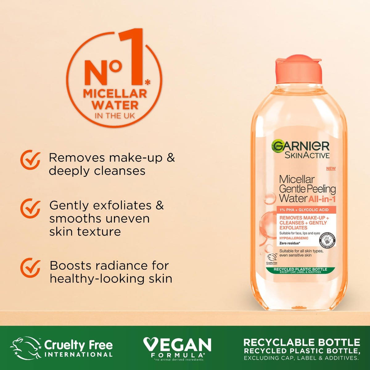 Garnier Skin Active Micellar Gentle Peeling Water Cleanse, Exfoliate &amp; Glow 400 ml / 13.5 fl oz 3 Pack