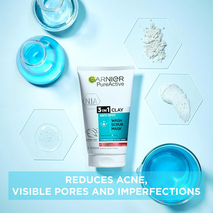 Garnier Skin Active Pure Active 3 in 1 Wash, Scrub &amp; Mask 150 ml 2 Pack