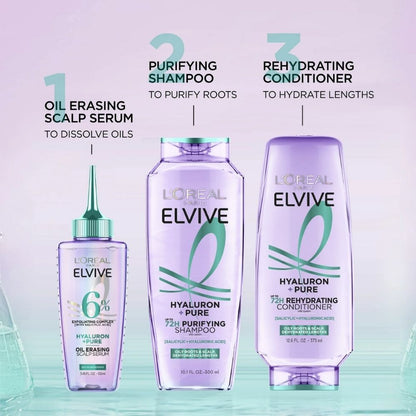 Loreal Elseve Hydra [Hyaluronic] Pure Salicylic Acid Anti-Oil Purifying Shampoo 300 ml -2 Pack