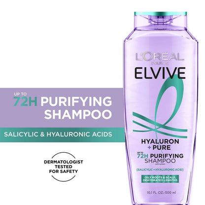 Loreal Elseve Hydra [Hyaluronic] Pure Salicylic Acid Anti-Oil Purifying Shampoo 300 ml -3 Pack