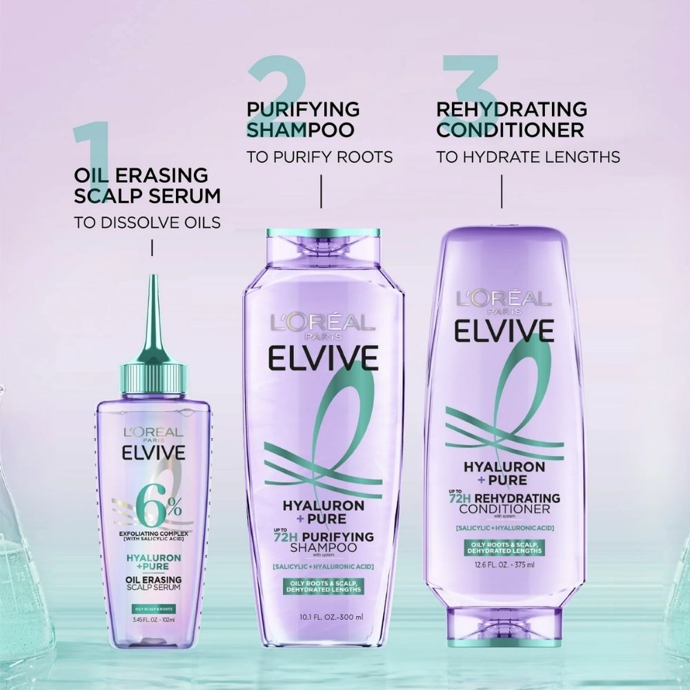 Loreal Elseve Hydra [Hyaluronic] Pure Salicylic Acid Anti-Oil Purifying Shampoo 300 ml -3 Pack