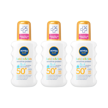 Nivea Sun Kids Sensitive Protect SPF 50+ Sun Lotion Spray 200ml / 6.8 fl.oz - 3 Pack