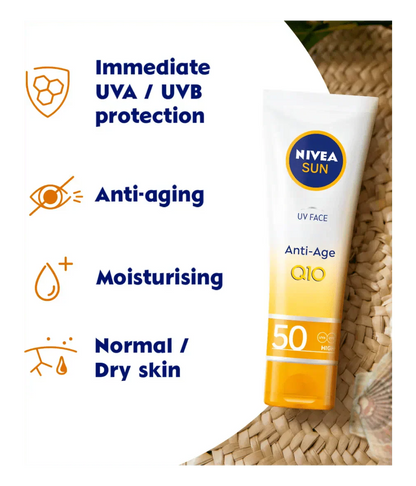 Nivea Sun UV Face Q10 Anti-Age Sun Cream SPF50 50ml / 1.7 fl oz - 3 Pack